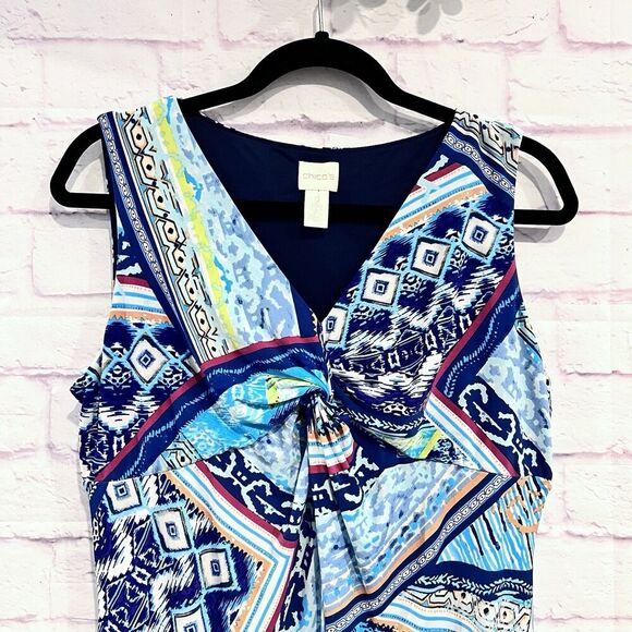 Chico's Handkerchief Hem Mixed Media Asymmetric Twist Dress 2 Petite Stretch - Picture 4 of 11